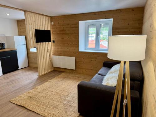 un soggiorno con un divano e una lampada di Appartement ambiance chalet avec vidéo-projecteur a Morez