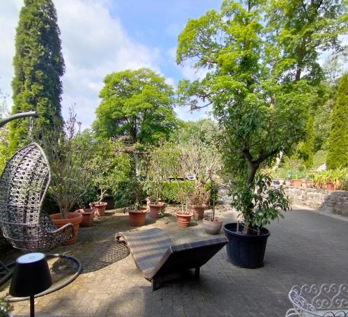a garden with a bench and potted trees at Le petit Charme - Wohnen in einer historischen Villa in Suhl