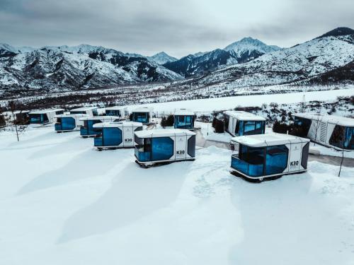 a group of camels parked in the snow at Zvezdnaya Eco-Hotel in Almaty
