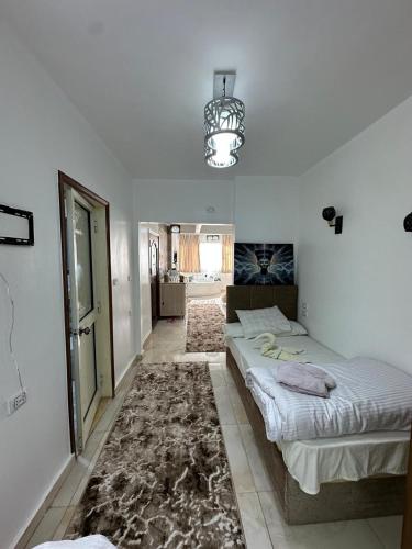 a bedroom with two beds and a rug at Luxury Panorama pyramids & jacuzzi in Cairo