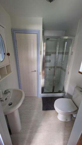 a bathroom with a toilet and a sink and a shower at Lynstone Lakes in Bude