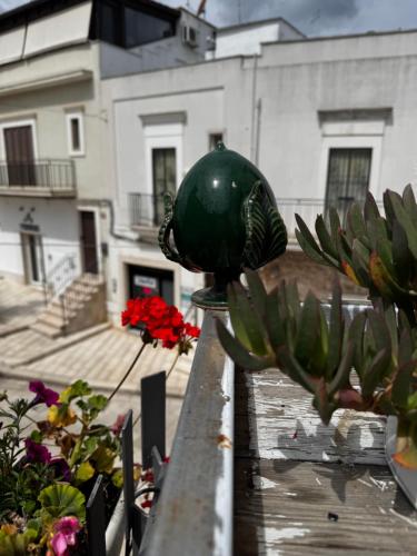 a green planter on a fence with a bunch of flowers at Una Biancasa in Carovigno