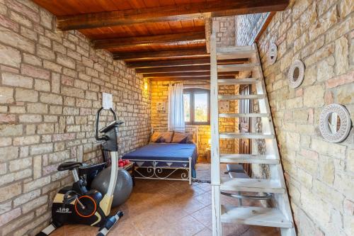 a room with a brick wall and a treadmill and a stairs at Mini Castle in Nature Fotini's Retreat Polilimnio in Metamórfosis