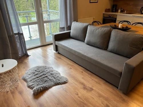 a living room with a couch and a rug at Apartmány Gryf Harrachov in Harrachov