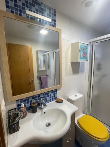 a bathroom with a sink and a toilet and a mirror at Precioso piso con 2 habitaciones in Narón