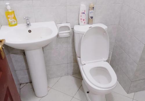 a bathroom with a white toilet and a sink at Neema Homes Syokimau in Nairobi