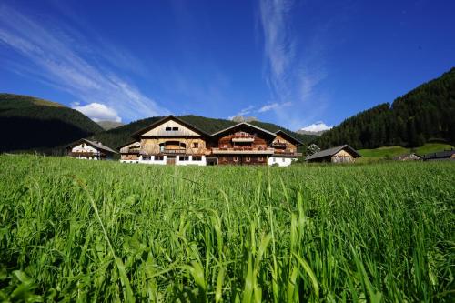 a large wooden house in a field of grass at Unterhabererhof in Santa Maddalena in Casies