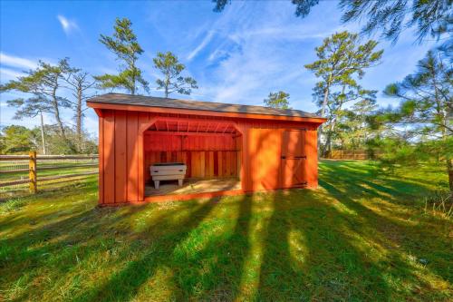 a redshed with a bench in the middle of a field at Seahorse Shanty in Birch Town