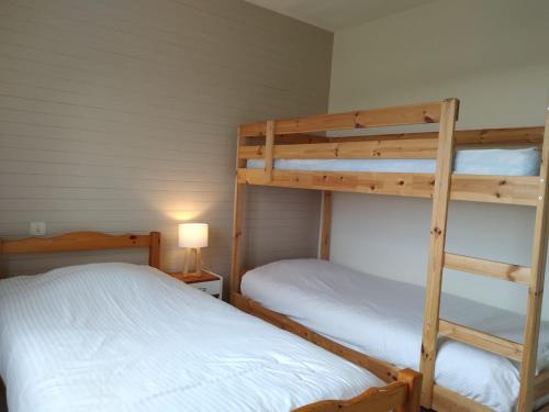 Ce lit se trouve dans un dortoir doté de 2 lits superposés et d'une lampe. dans l'établissement Gîte Acacia, à Rosières