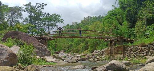 a person standing on a wooden bridge over a river at Angel Homestay in Darjeeling