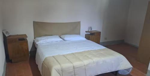 ein Schlafzimmer mit einem großen weißen Bett und Holzböden in der Unterkunft Quattro stagioni appartamento Inverno in Castiglione del Lago