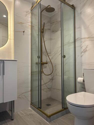 a bathroom with a shower and a toilet at Potokaki Beachfront Hotel in Pythagoreio