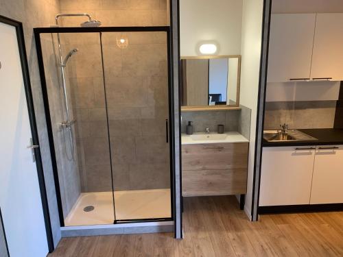 une douche avec une porte vitrée dans une salle de bain dans l'établissement Gîte NATURISTE Le Jardin Des Hirondelles, à Blanzaguet-Saint-Cybard-le-Peyrat