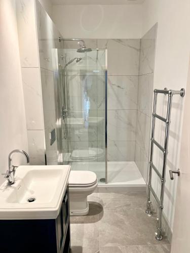 a bathroom with a shower and a toilet and a sink at Channel View Apartments in Deal