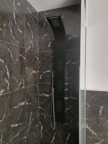 La salle de bains est pourvue d'une douche avec un pommeau de douche noir. dans l'établissement Cosy Centre Ville Narbonne, à Narbonne