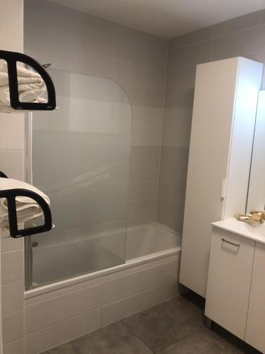 une salle de bain avec douche et baignoire dans l'établissement Appartement T3 66 m2 residence L'univers centre-ville 2 chambres garage et terrasse, à Aix-les-Bains