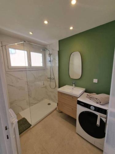 une salle de bain avec une douche, un lavabo et un miroir dans l'établissement ANTIBES - Cozy 2 pièces proche plage, à Antibes
