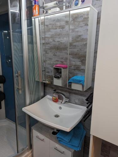 a bathroom with a sink and a mirror at Wohnung "Margit" in Stadtallendorf