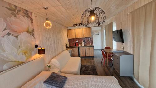 a small room with a bed and a kitchen at Central Riverside Apartments in Jēkabpils