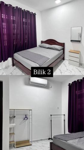 two pictures of a bedroom with a bed with a purple curtain at KafHa Homestay in Kuala Terengganu