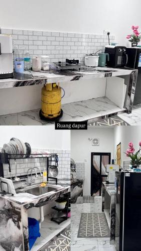 a collage of three pictures of a kitchen at KafHa Homestay in Kuala Terengganu