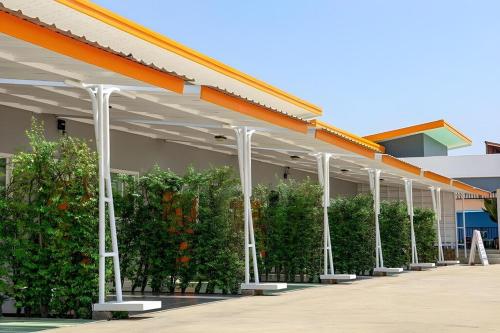 a large building with a row of plants in front at Full House Udon in Ban Bo Nam
