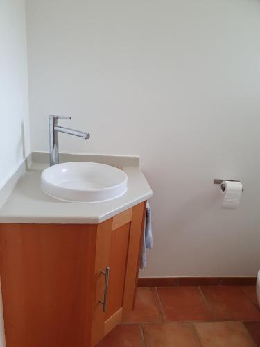 a bathroom with a white sink and a toilet at Gîte des Falaises 10 à 12 personnes in Souspierre