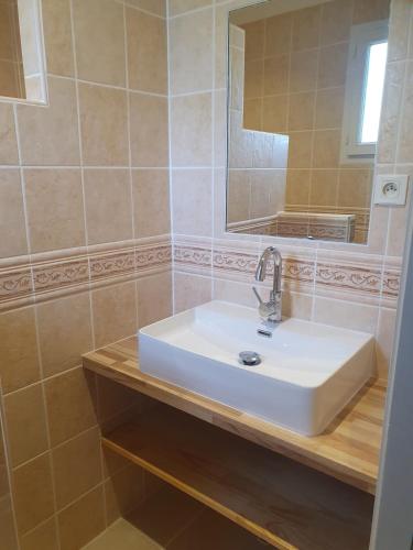 a bathroom with a white sink and a mirror at Gîte des Falaises 10 à 12 personnes in Souspierre