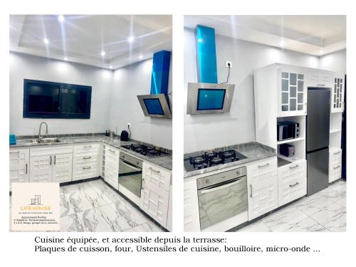 two pictures of a kitchen with white cabinets at Residence Life House Makepe bm in Douala
