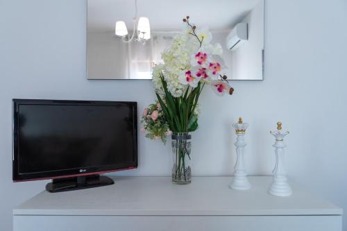 a tv sitting on a table with flowers in a vase at The Regin in Civitavecchia