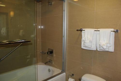 a bathroom with a shower and a toilet and towels at Divi Studio in Palm-Eagle Beach