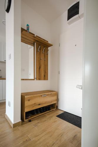 a room with a wooden dresser and a mirror at Apartman Anika Banja Koviljača in Banja Koviljača