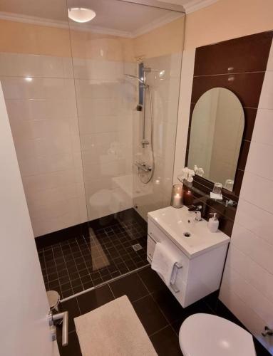 a bathroom with a toilet and a shower and a sink at Sweet House in Mlini