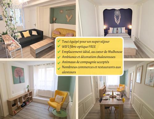 un collage de trois photos d'une pièce dans l'établissement Charmant et spacieux appartement au centre ville - La Bohème, à Mulhouse