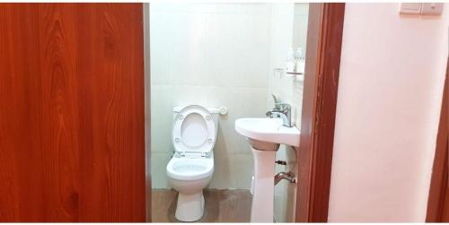 a bathroom with a toilet and a sink at Beautiful One Bed & Parlour with Playstation 4, Wi-Fi, Netflix, kitchen, Supermarket, Pharmacy & Laundry in Ankuru