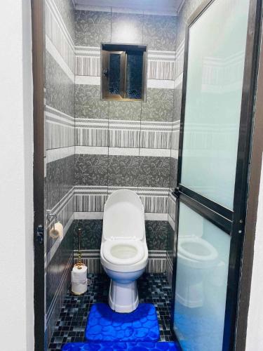 a small bathroom with a toilet and a shower at Navo Home Stay in Nadi
