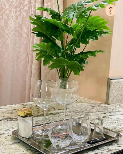 a tray with wine glasses and a vase with a plant at La Luna Homes in Blantyre