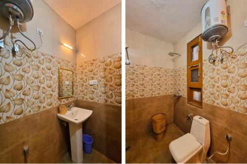 two pictures of a bathroom with a sink and a toilet at The Ramans Dalhousie in Dalhousie