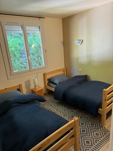 une chambre avec deux lits et une fenêtre dans l'établissement Maison au calme, nature et paix, à Trélissac