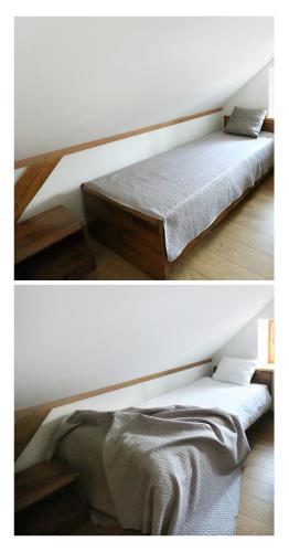 two pictures of a bed in a room at Nora Berry in Nida