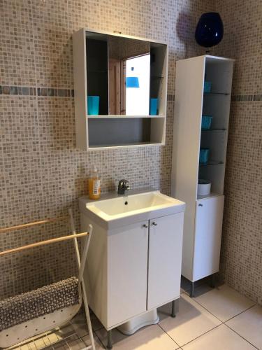 une salle de bain avec un lavabo et un miroir dans l'établissement Chez Virginie et Christophe, à Belvédère