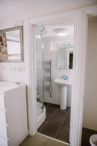 a bathroom with a sink and a shower and a toilet at Farmhouse in the heart of the New Forest in Beaulieu