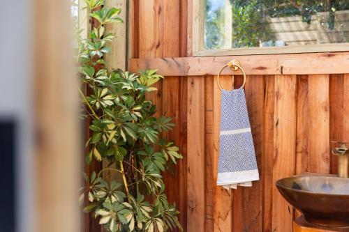 a towel hanging on a wooden wall next to a window at Kyles Forest Cabin in Kafferkop