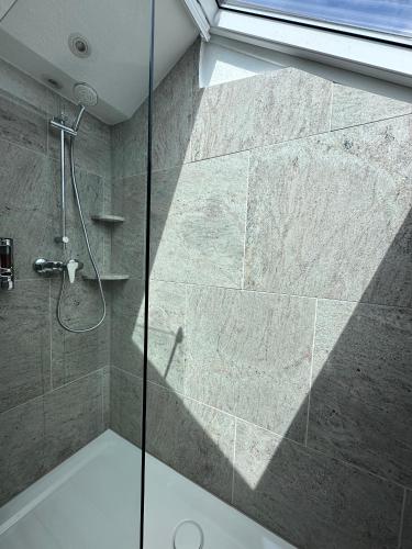 a shower with a glass door in a bathroom at Mertinkus Nordseehotel in Cuxhaven