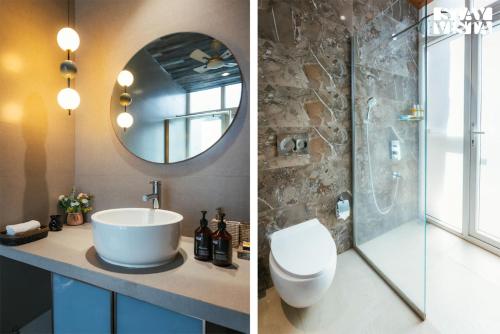 two pictures of a bathroom with a sink and a shower at StayVista's The Tavern At Canary Farms - Mountain-View Luxury Mansion with Infinity Pool & Games Zone in Lonavala