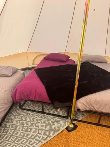 a tent with two beds and an umbrella at Hill Fruit Farm Glamping in Trunch