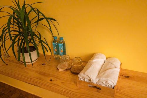 a wooden shelf with towels and a plant and water bottles at Villa Nhà có hai cây Tùng in Bao Loc