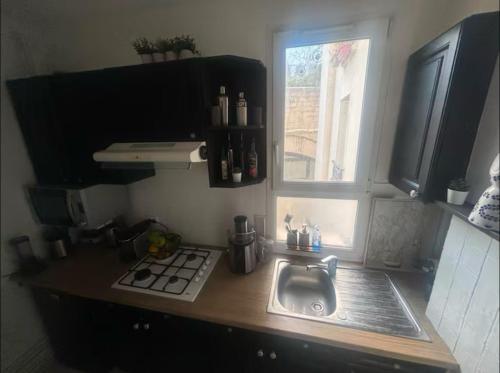 un comptoir de cuisine avec un évier et une fenêtre dans l'établissement Le calme de Daumesnil, à Paris