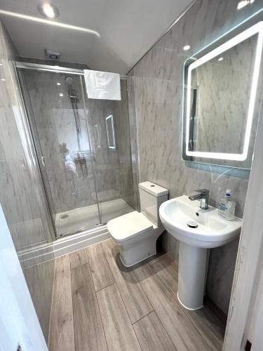 a bathroom with a shower and a toilet and a sink at The Beeches - Entire Mansion in Bristol