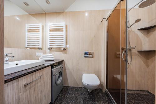 a bathroom with a sink and a toilet and a shower at Amber Apartments in Gdańsk